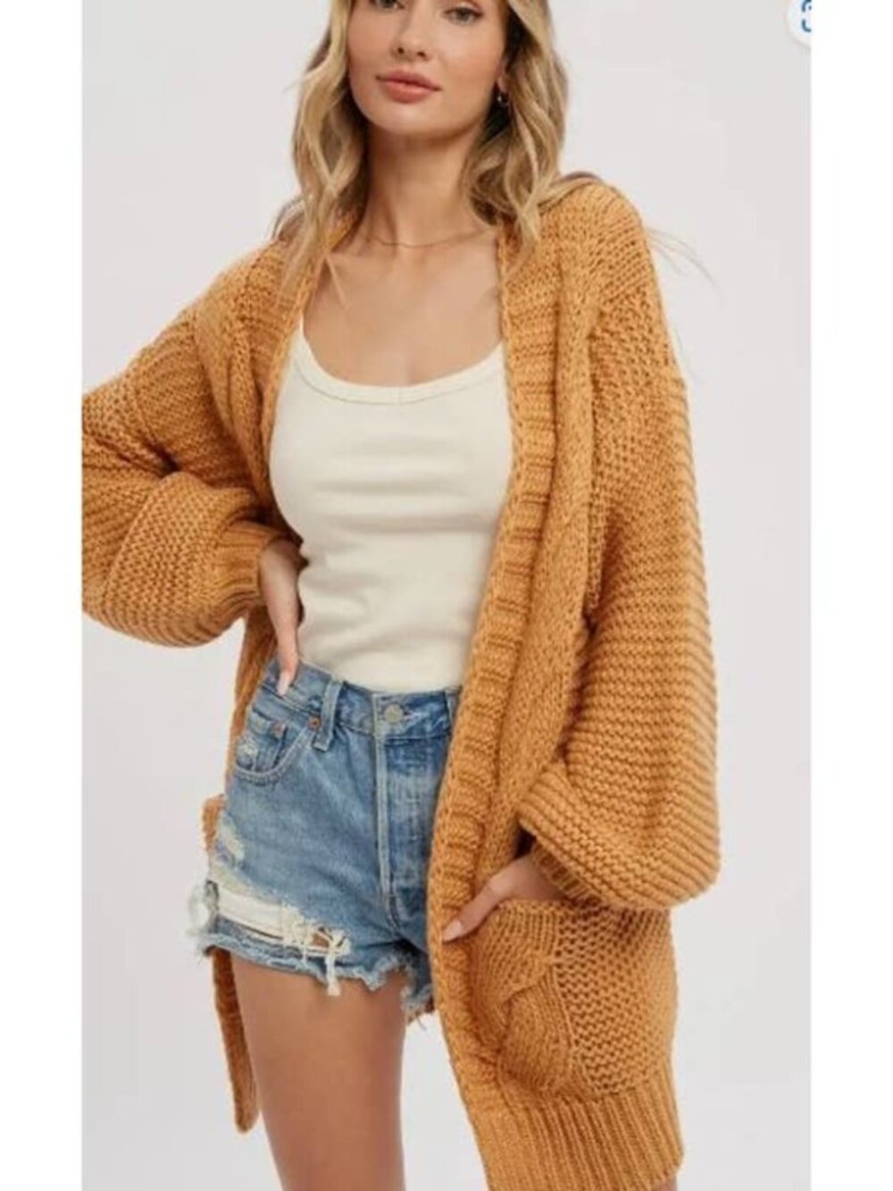 Camel Tan Chunky Cable Slouchy Lantern Sleeve Wrap Cardigan